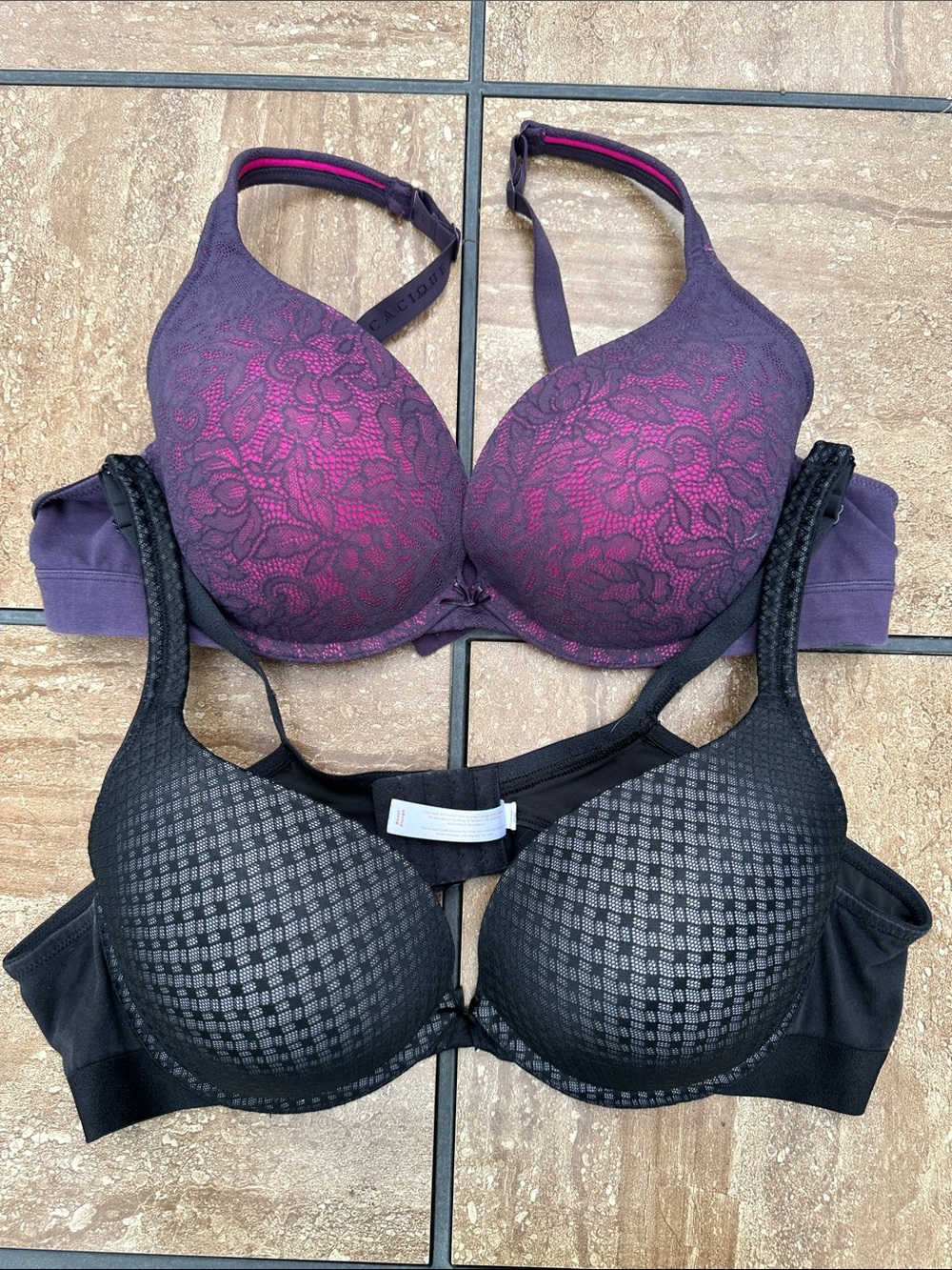 Cacique Purple Lace-Overlay Bra with Pink Underlay lot bundle of 2 - 44B